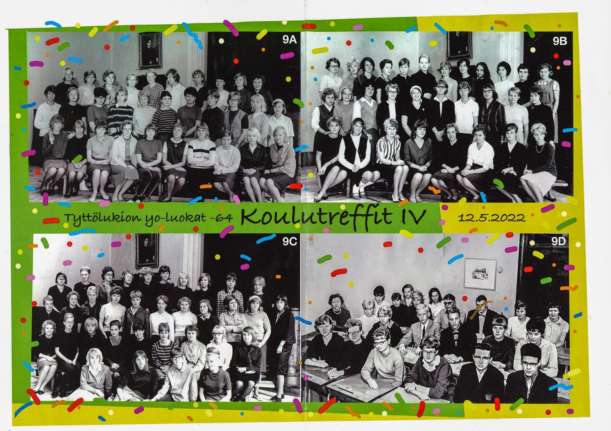 Neljä luokkakuvaa ja teksti Koulutreffit IV.